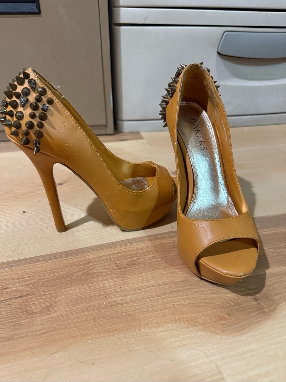 Bakers Mustard Peep-Toe Stiletto Pumps with Spike Heel